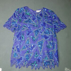 Vintage Styleworks Sequined Silk & Polyester Top Short Sleeve Blue & Green Women